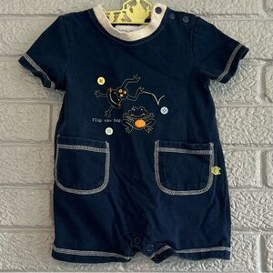 Vintage y2k Lullaby Club Navy Blue Baby Boy Romper with Frog Embroidery 9M
